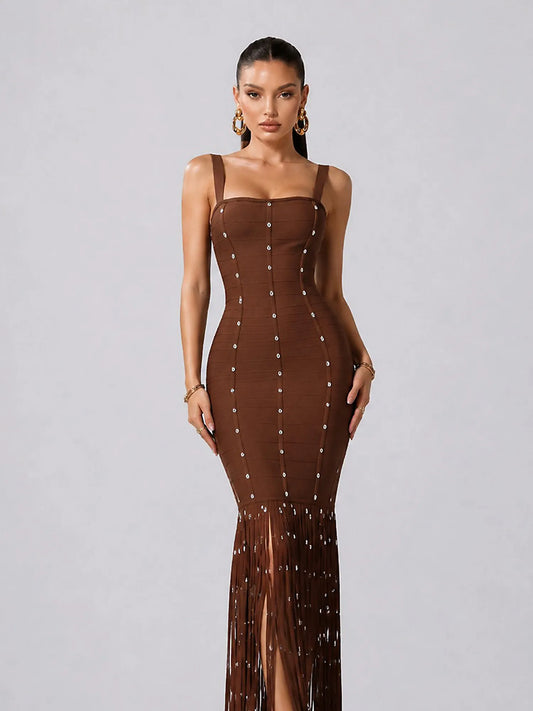 Raquel Sleeveless Diamond Tassel Bandage Brown Maxi Dress