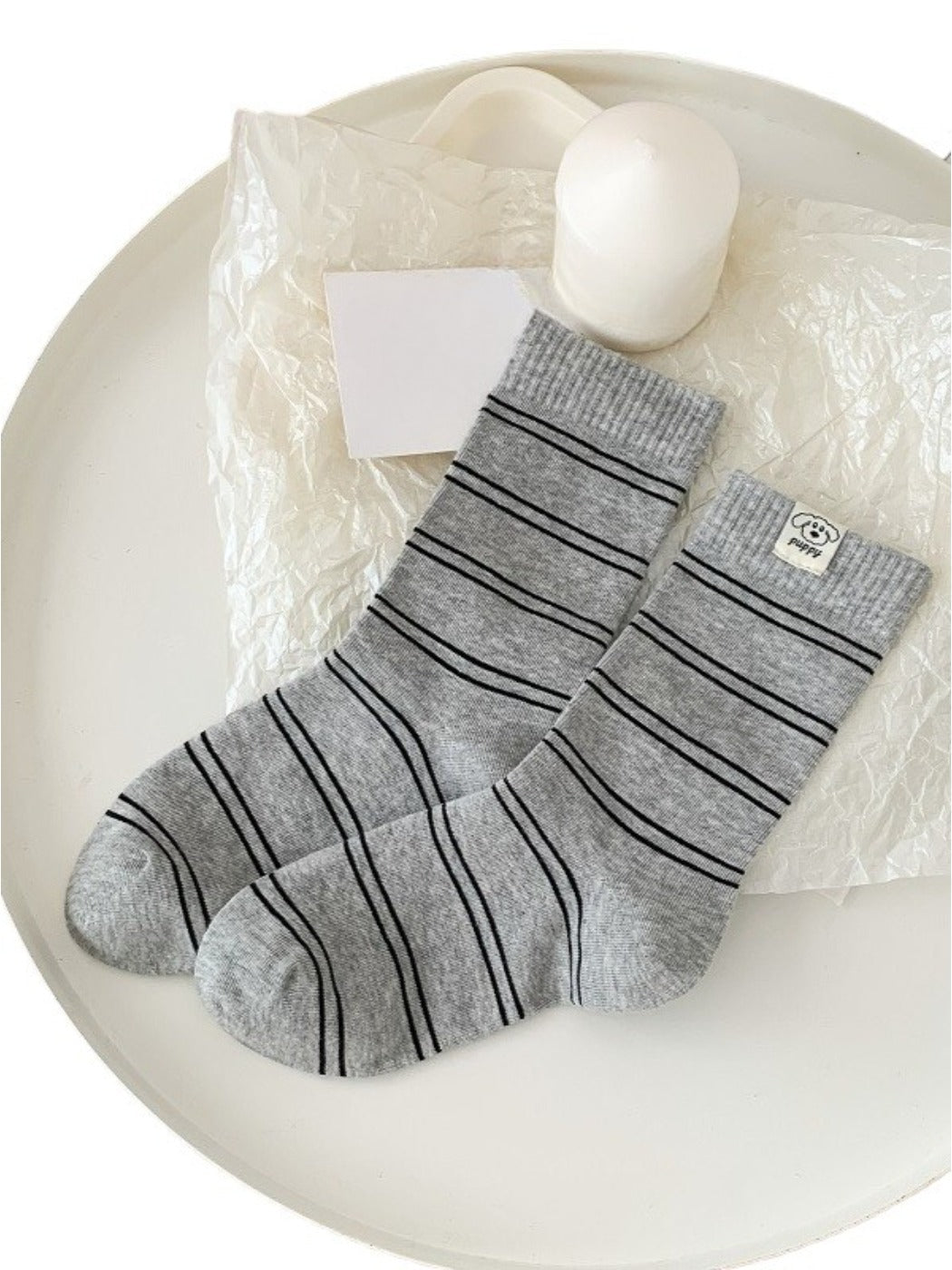 Rufia - Striped Puppy Mid-calf Socks - Cute &amp; Stylish