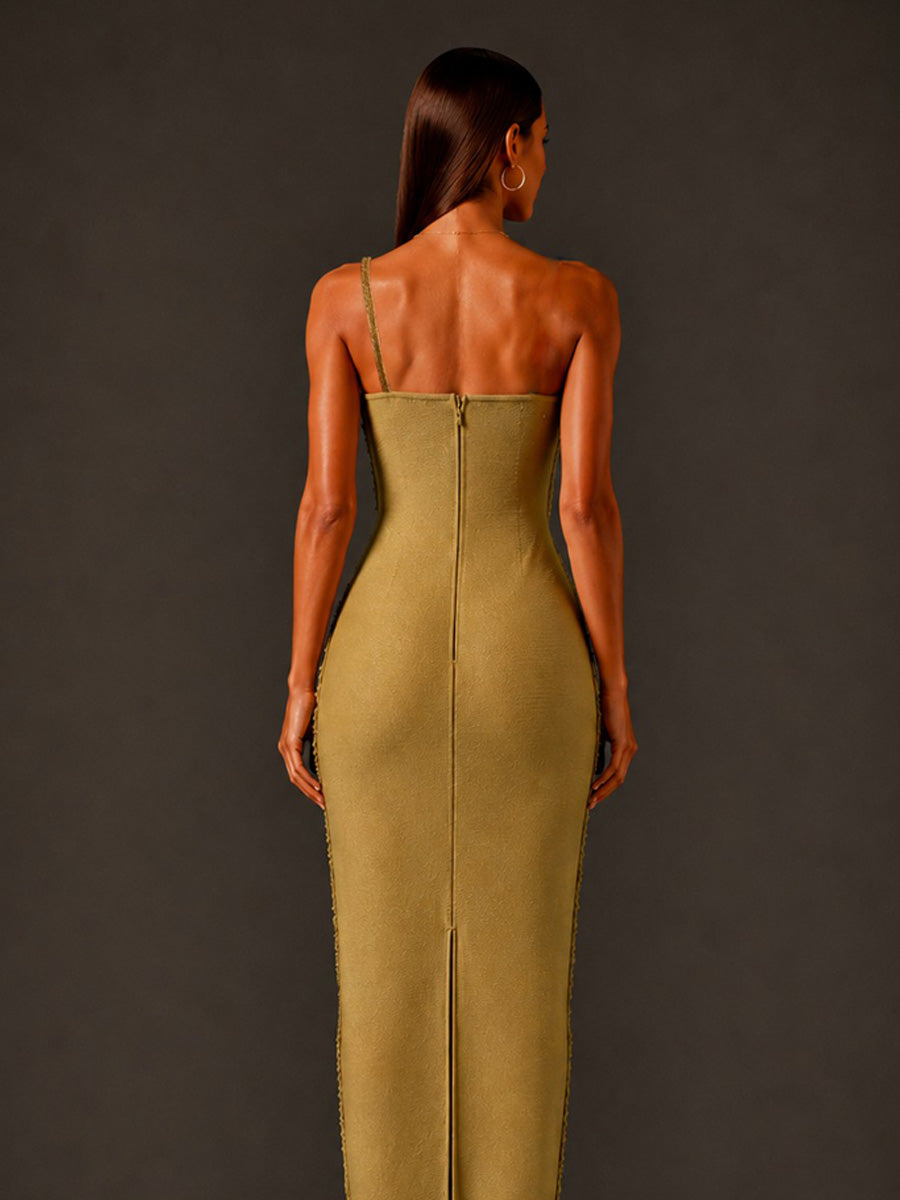 Luna One-Shoulder Tasseled Bandage Maxi Dress In Gold