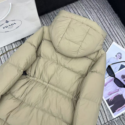 Prada 2025 Drawstring Waist Hooded Jacket Beige Down Polyester