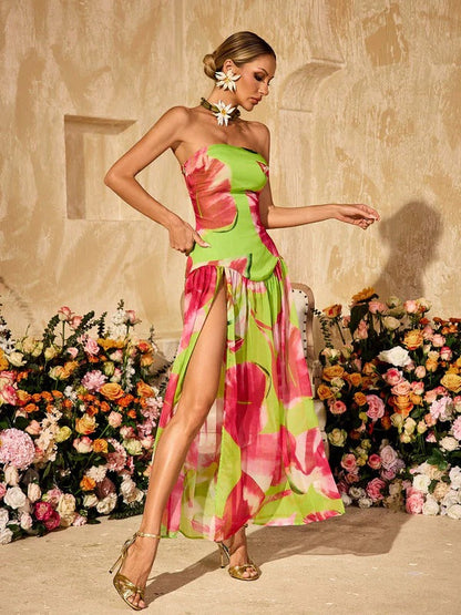 Alikae Strapless Printed Split Maxi Dress