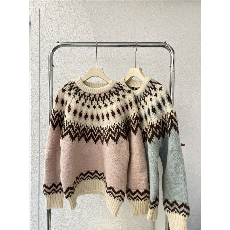 Fair Isle Sweater Women Pink Round Neck Knit Top Winter
