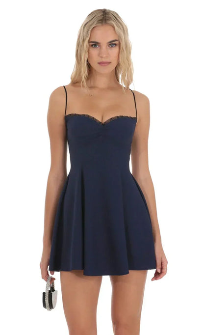 Back Lace A-Line Dress in Navy