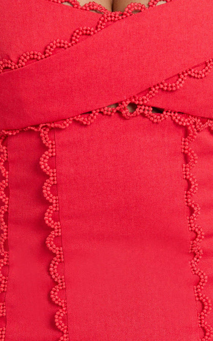 Gigi Mini Linen Dress - Sweetheart Tie Back Scallop Detail Dress in Red