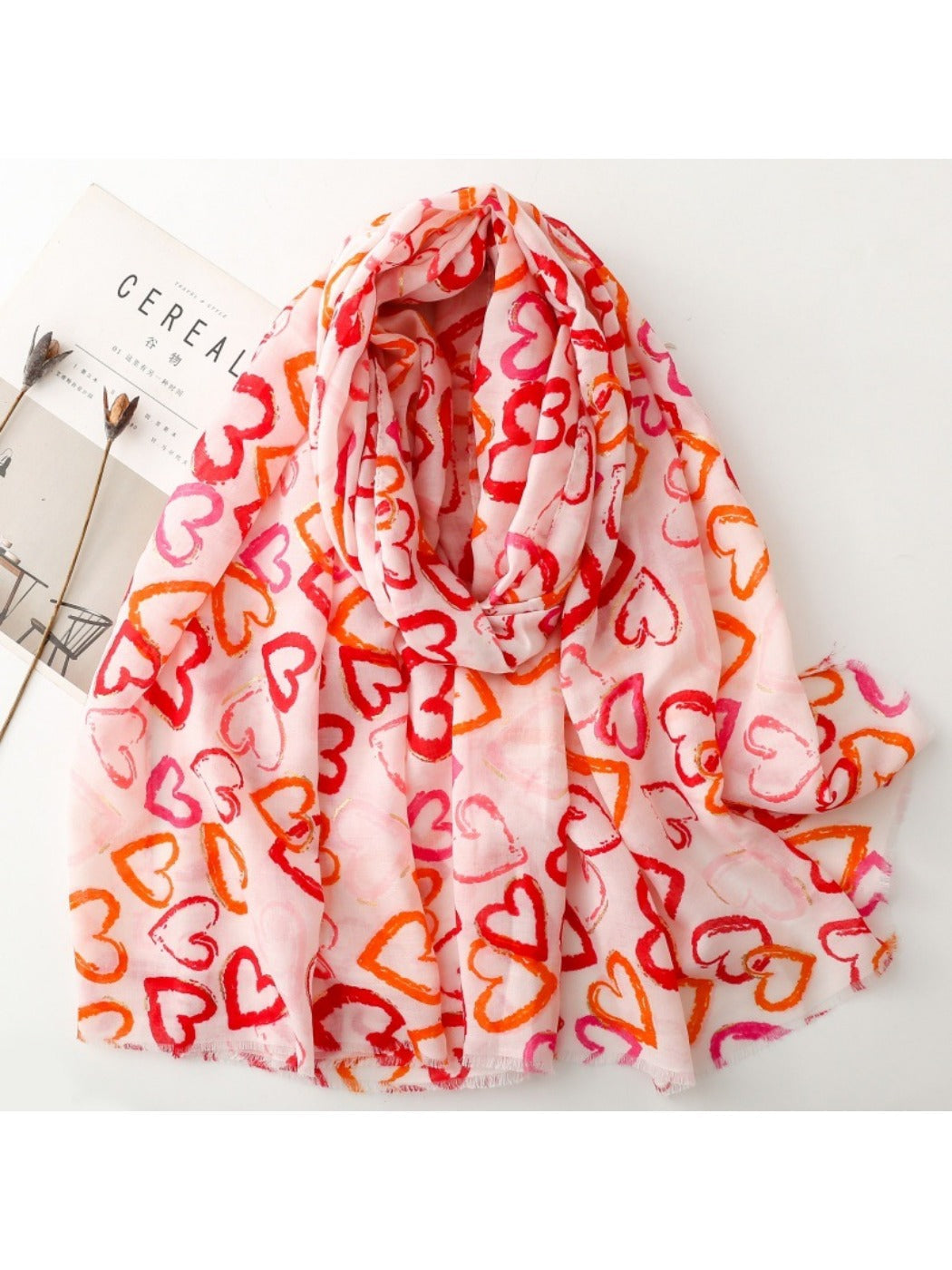 Scarvii - Elegant Heart Print Long Scarf - Thin &amp; Playful