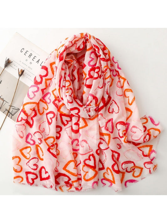 Scarvii - Elegant Heart Print Long Scarf - Thin &amp; Playful