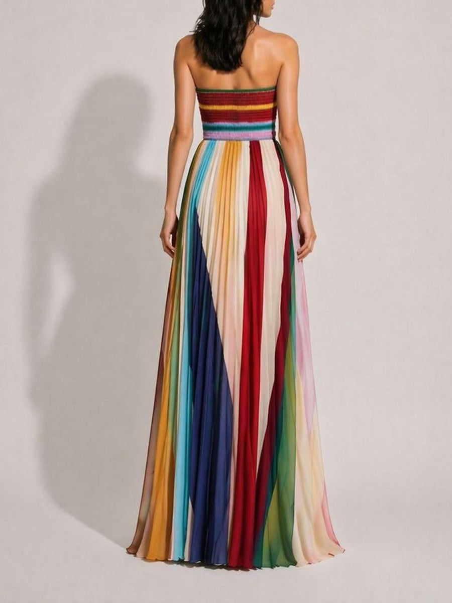 Aniya Elegant Waist-Cinching Pleated Printed Maxi Dress