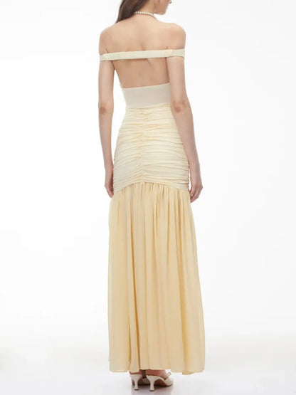 Lila Off-the-Shoulder Ruched Chiffon Maxi Dress