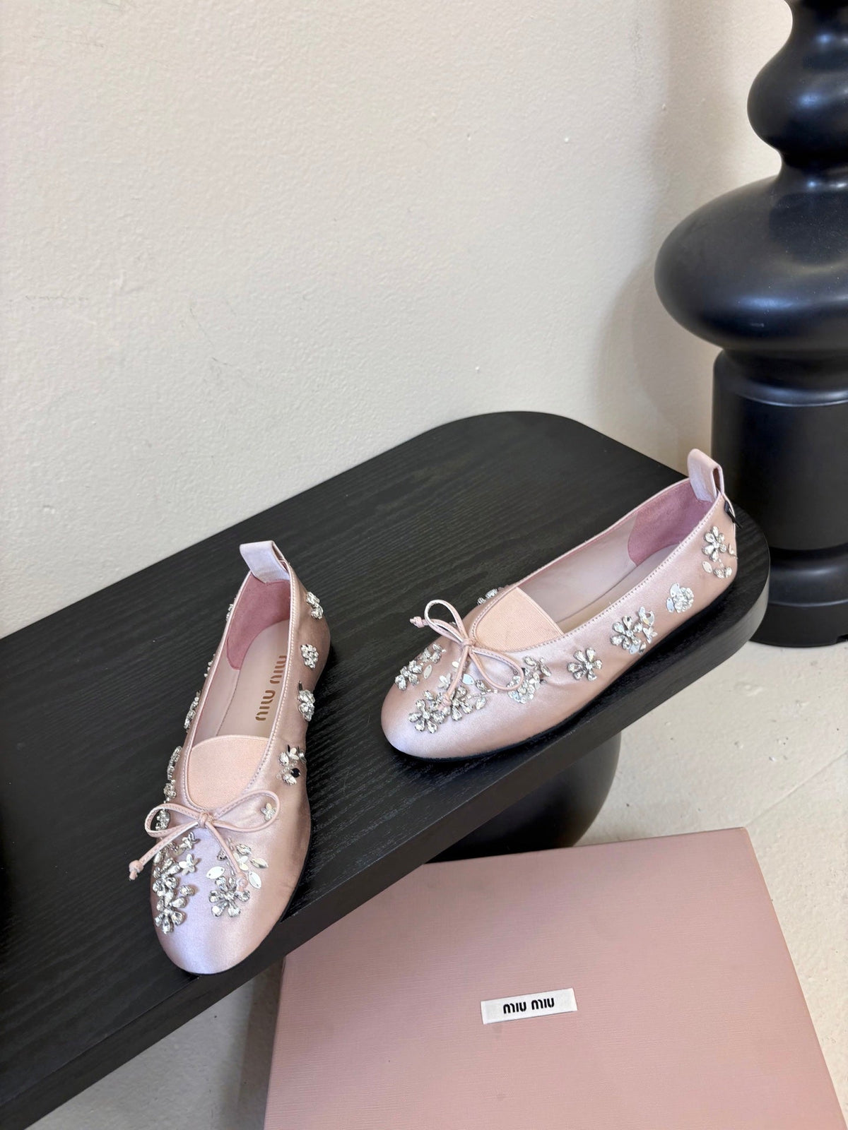 Miu Ballet Flat With Floral Crystal Light Pink Silk