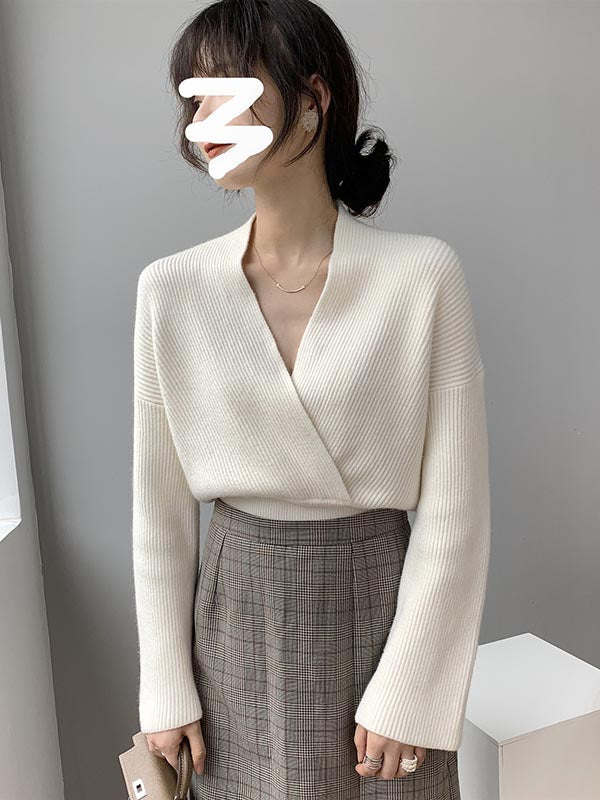 Stylish 6 Colors Knitting V-Neck Asymmetric Sweater