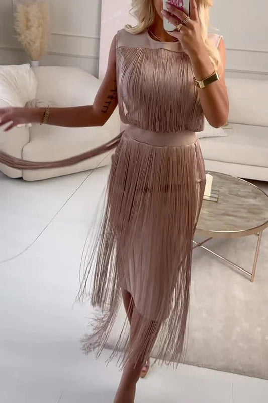 Elegant and Modern Draped Tassel Design Sleeveless Stretch Midi Dress
