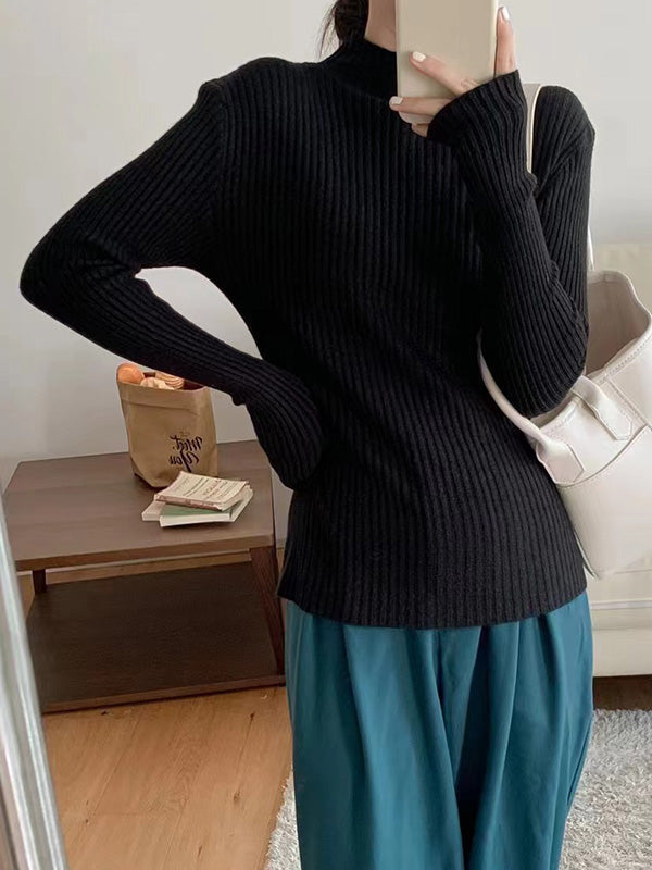 Long Sleeves Skinny Solid Color Mock Neck Knitwear Pullovers Sweater Tops