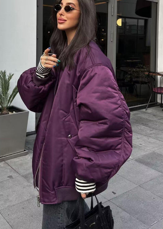 Oversized Satin Bomber Jacket With Quilted Lining