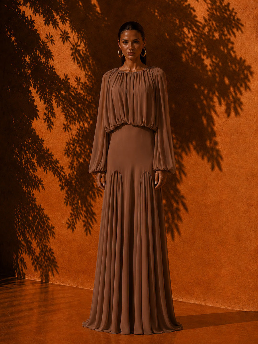 Keira Crew Neck Pleated Long-Sleeve Maxi Dress