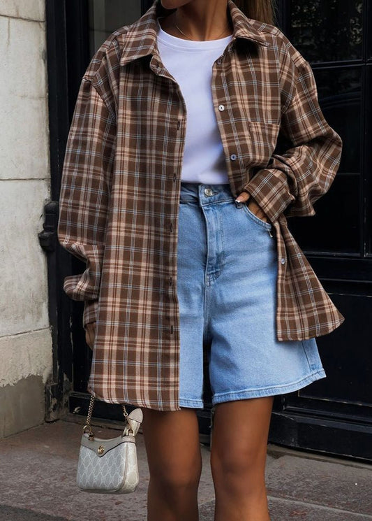 Oversized Plaid Button Up Shirt Soft Woven Fabric
