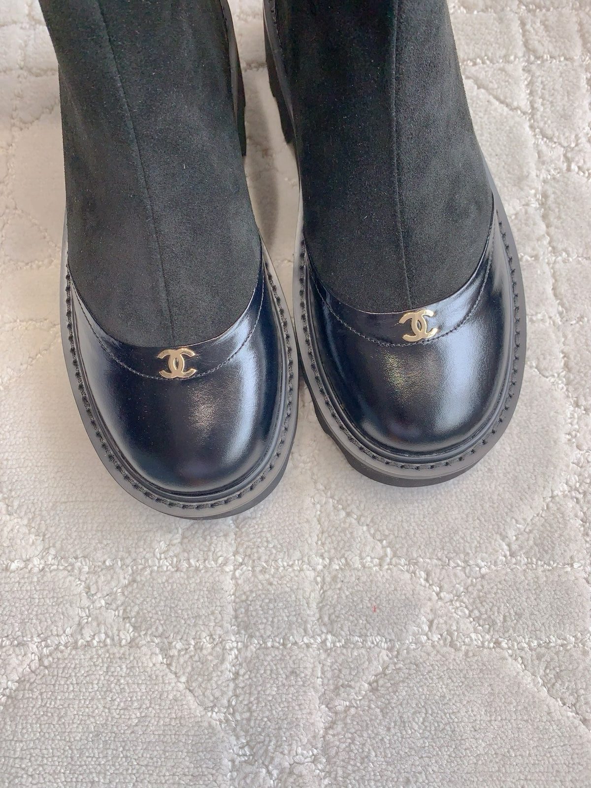 CC New Platform Ankle Boots Black Suede Glossy Sheepskin