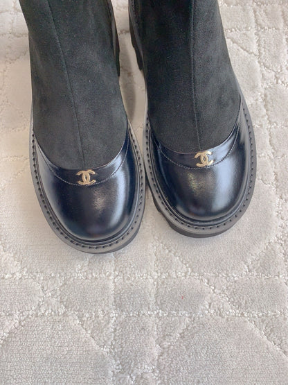 CC New Platform Ankle Boots Black Suede Glossy Sheepskin