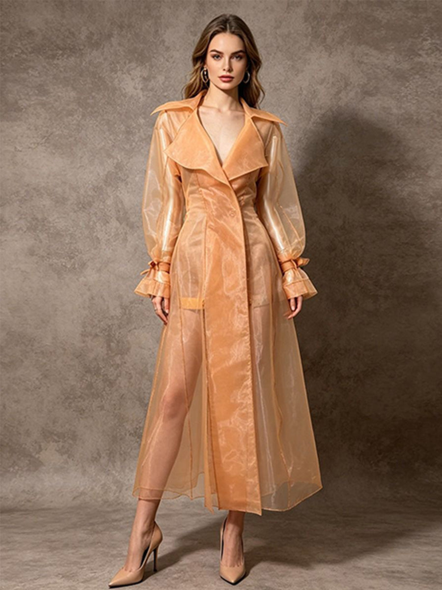 Talia Long-Sleeve Chiffon Lapel Long Coat