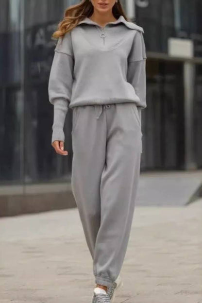 Half-open collar zipper lazy style knitted suit