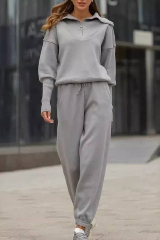 Half-open collar zipper lazy style knitted suit