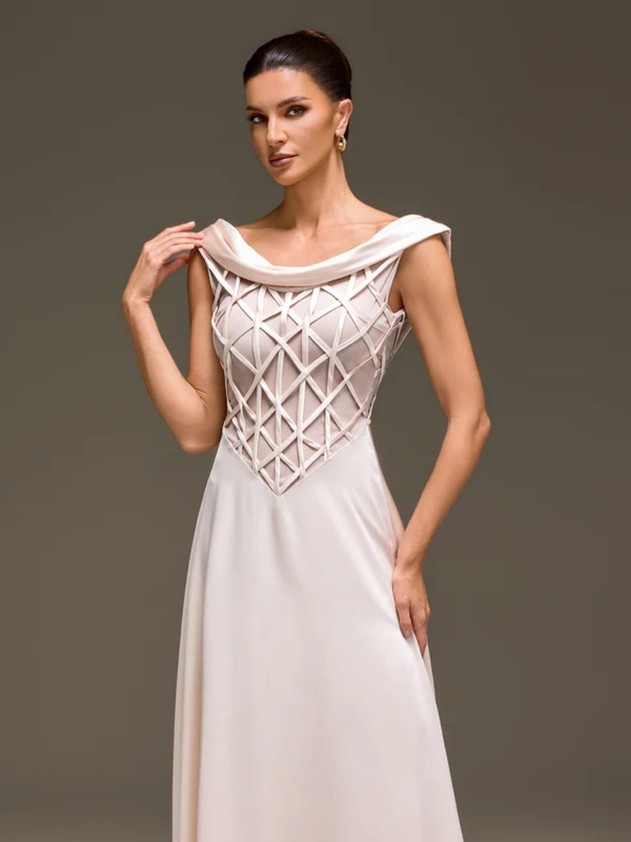 Seraphina Lattice-Bodice Off-the-Shoulder Satin Gown