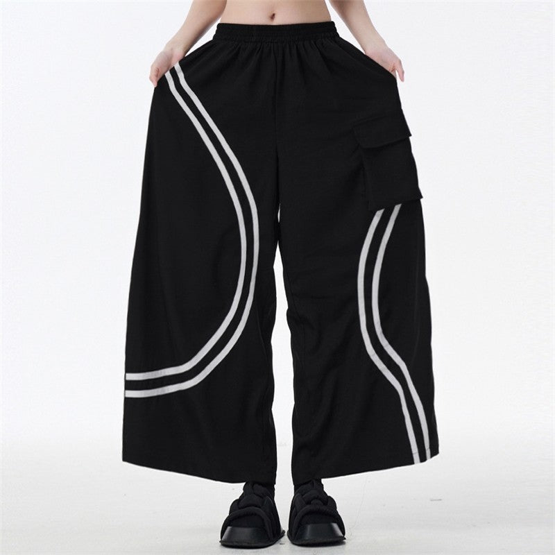 Striped Patch Pocket Loose Wide Leg Elastic Waist Pants