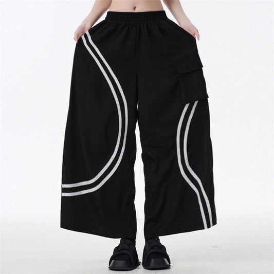 Striped Patch Pocket Loose Wide Leg Elastic Waist Pants