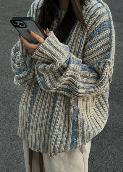 Striped Knit Oversized Sweater Soft Cotton Pullover