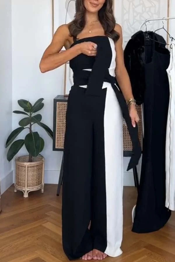Social Hour Colourblock Tailored Bandeau Tie-up Waist Wide Leg Jumpsuit