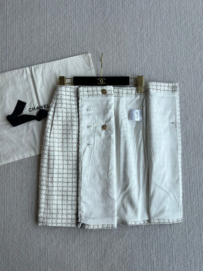 CC 25 Tweed Plaid Skirt White Cotton Polyester 244374