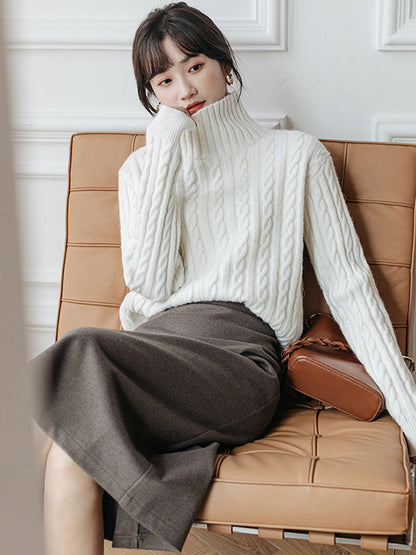 Casual Long Sleeves Loose Solid Color High-Neck Sweater Tops