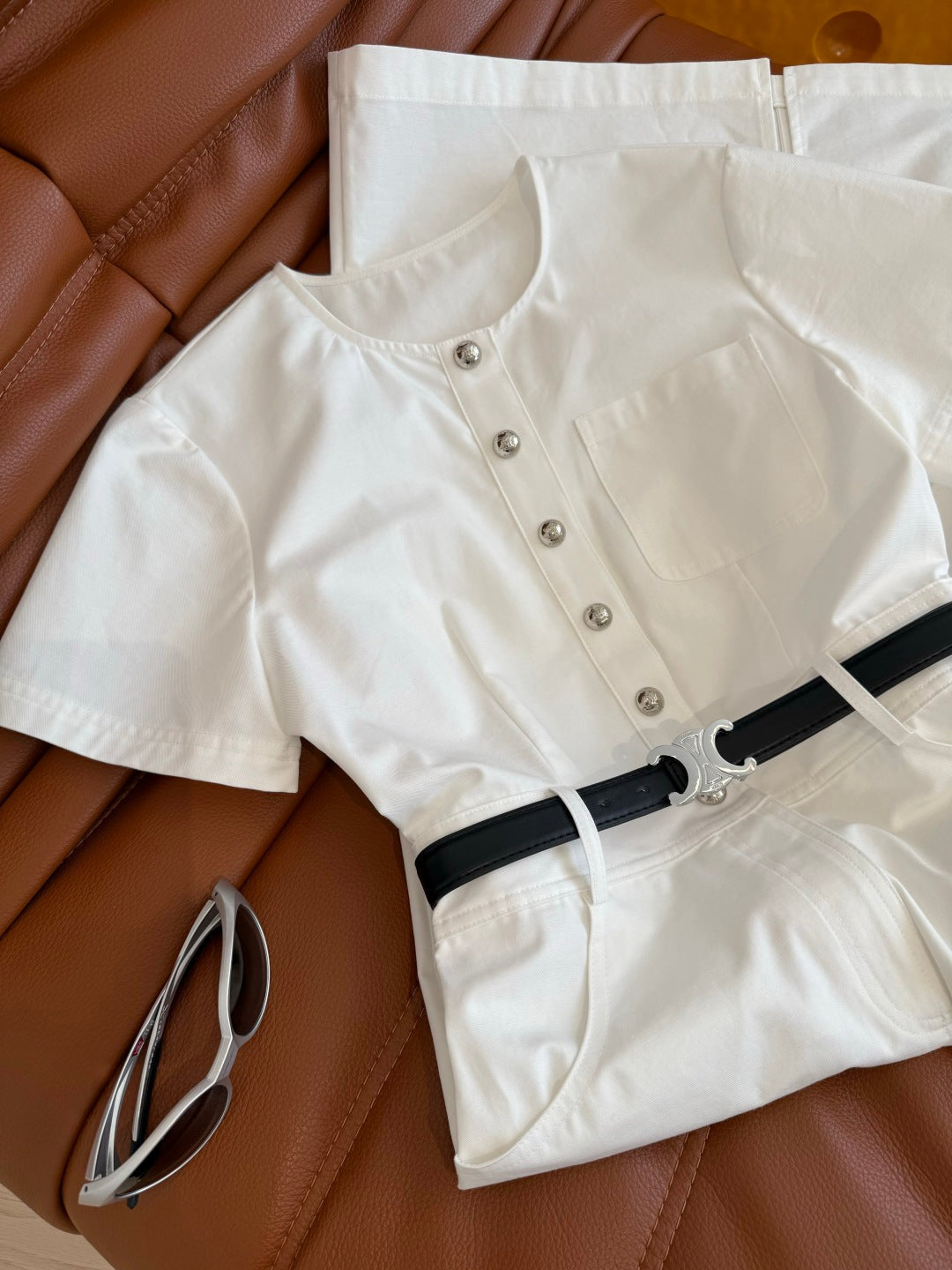 Celine 25 Denim Dress With Silver Buckle Belt White Cotton