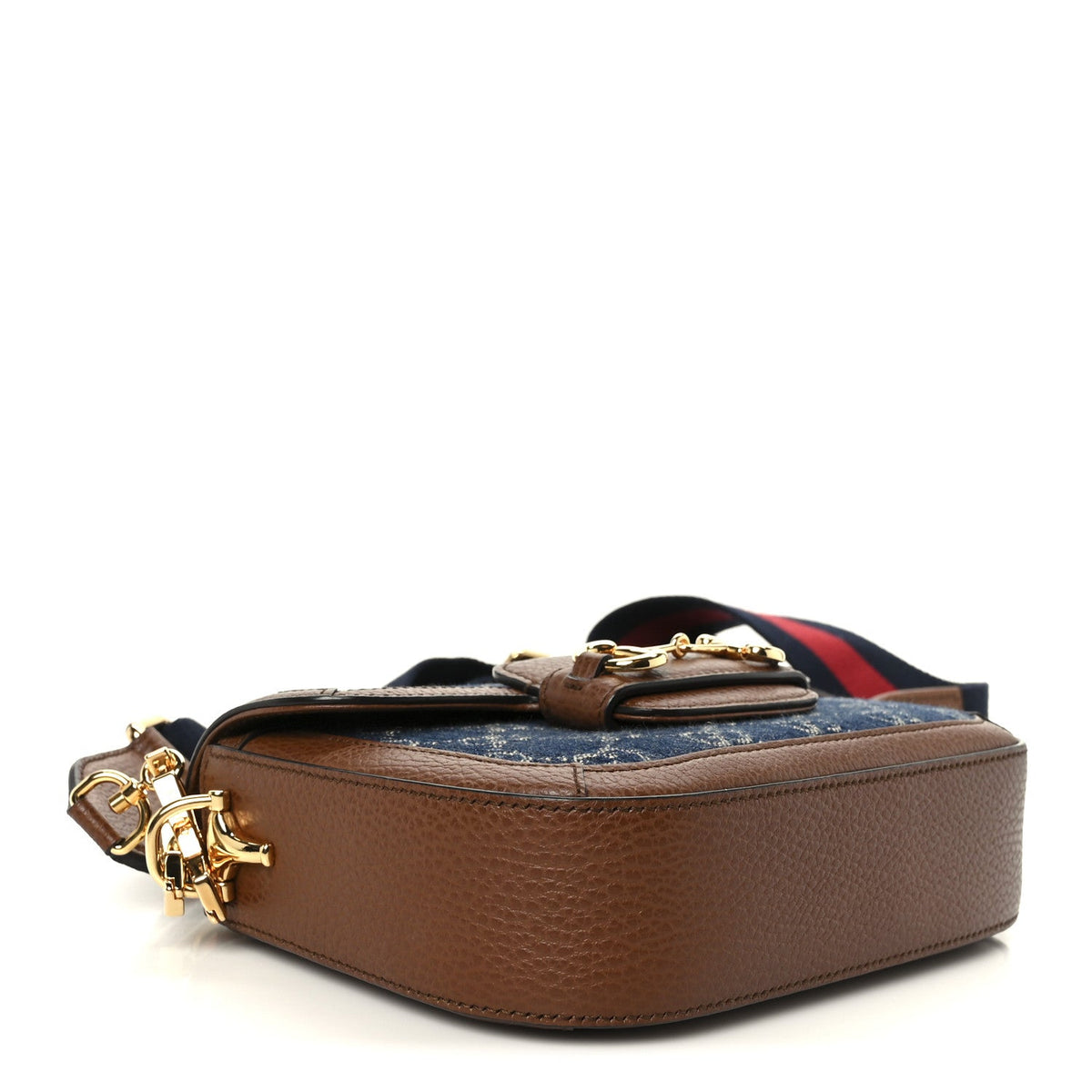 New Denim GG Monogram Dollar Calfskin Web Mini Horsebit 1955 Shoulder Bag Blue Tea Cuir Epilog