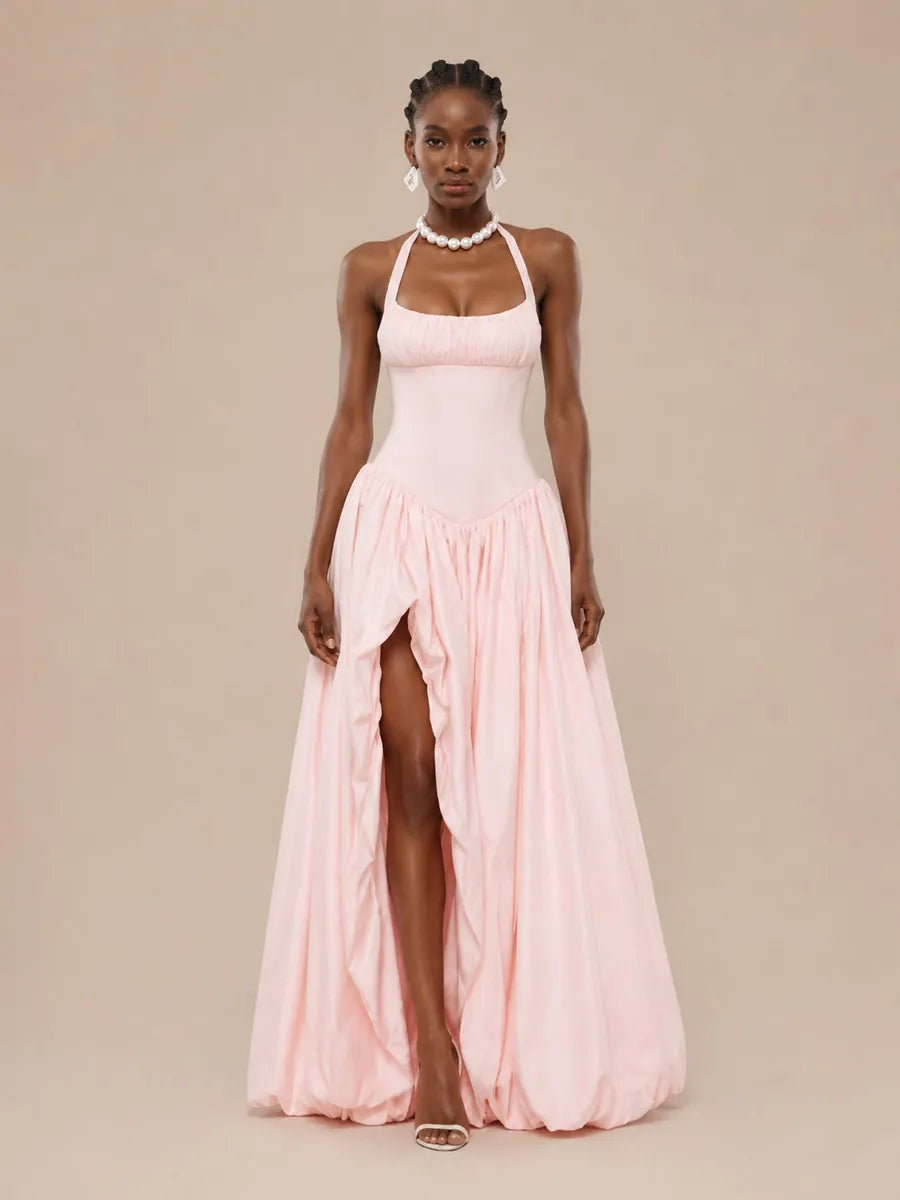 Shayla Halter-neck Ruffled Maxi Dress with Slit
