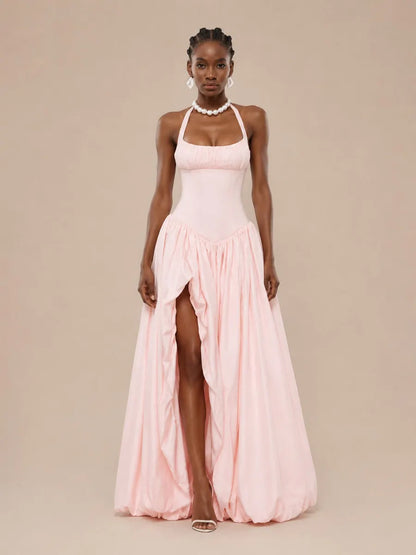 Shayla Halter-neck Ruffled Maxi Dress with Slit