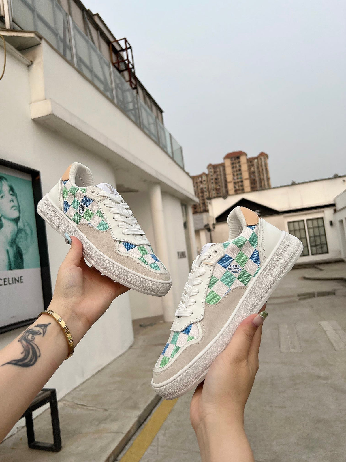 LV Groovy Sneaker White Blue Green Damier Canvas Suede 597683