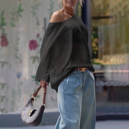 Long Sleeves Loose Solid Color One-Shoulder T-Shirts Tops