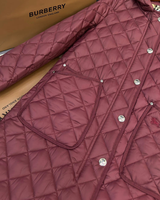 Burberry 25 Quilted Hooded Long Coat Burgundy Polyester Cotton
