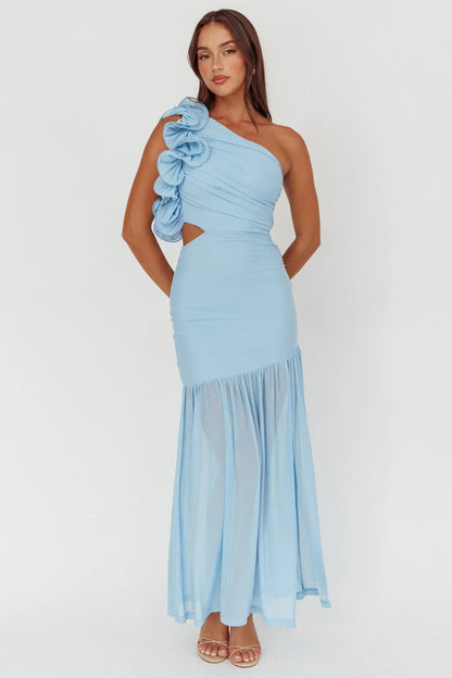 Deanna One-Shoulder Sheer Hem Maxi Dress Blue