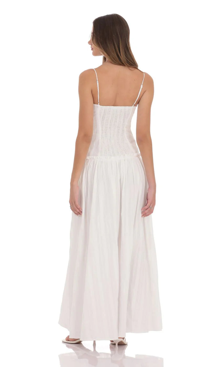 Embroidered Striped Maxi Dress in White