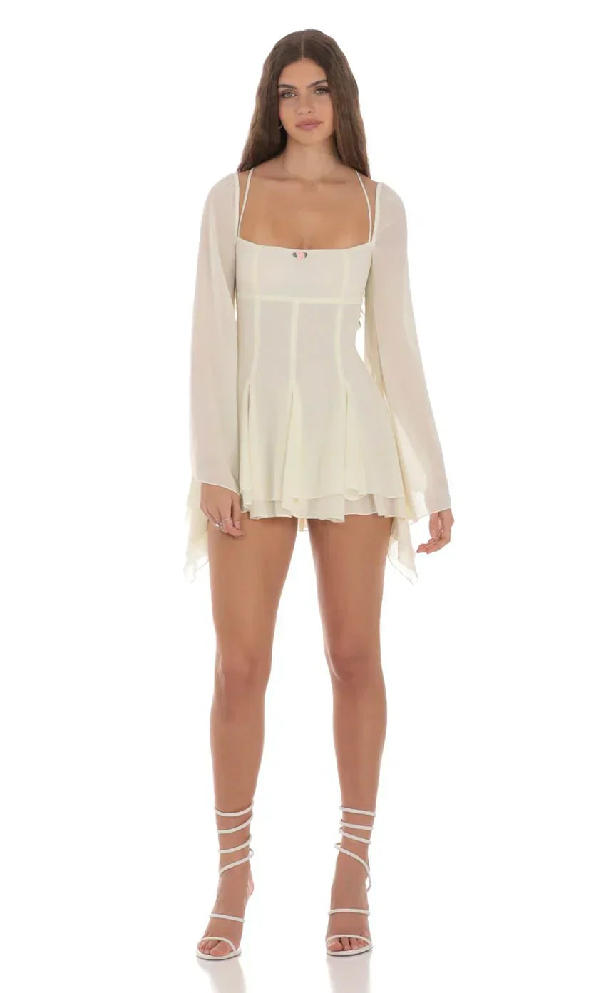 Chiffon Flare Sleeve A-line Dress in Cream