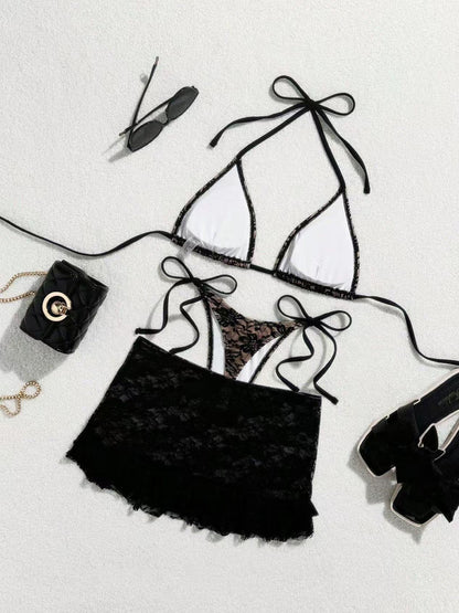 Inara Lace Tie-Up Bikini Three-Piece Set