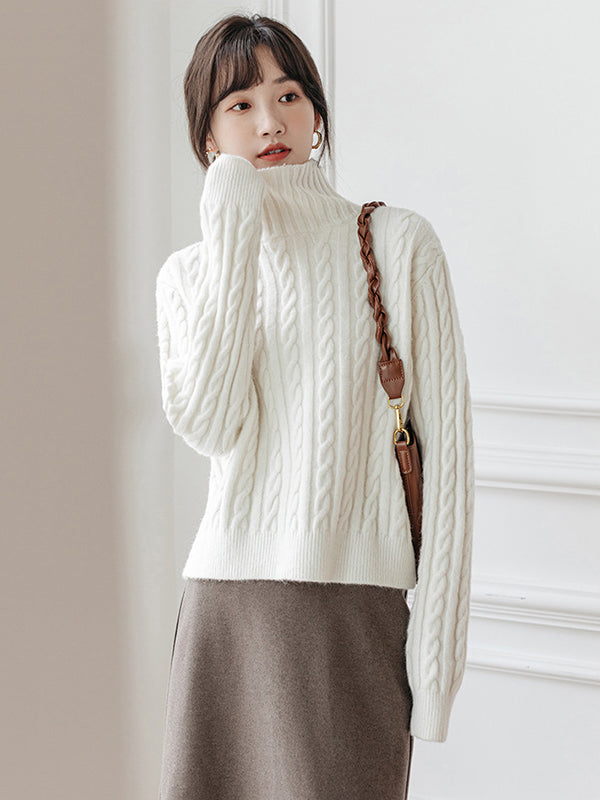 Casual Long Sleeves Loose Solid Color High-Neck Sweater Tops
