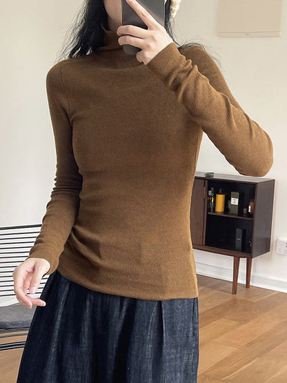 Korean-Style Long Sleeves Solid Color High-Neck Sweater Tops