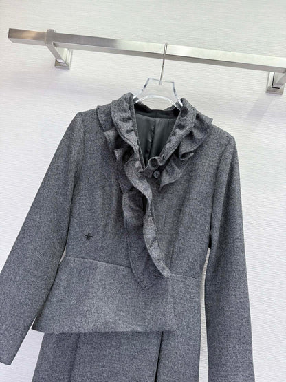 CD 25SS Ruffled V-neck Dress Gray Wool 306506