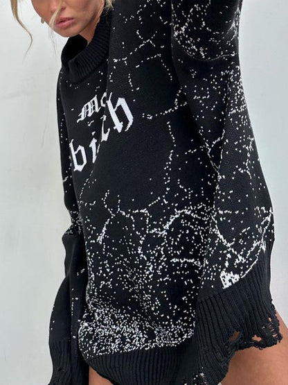 Long Sleeves Loose Hollow Knitted Letters Round-Neck Knitwear Pullovers Sweater Tops