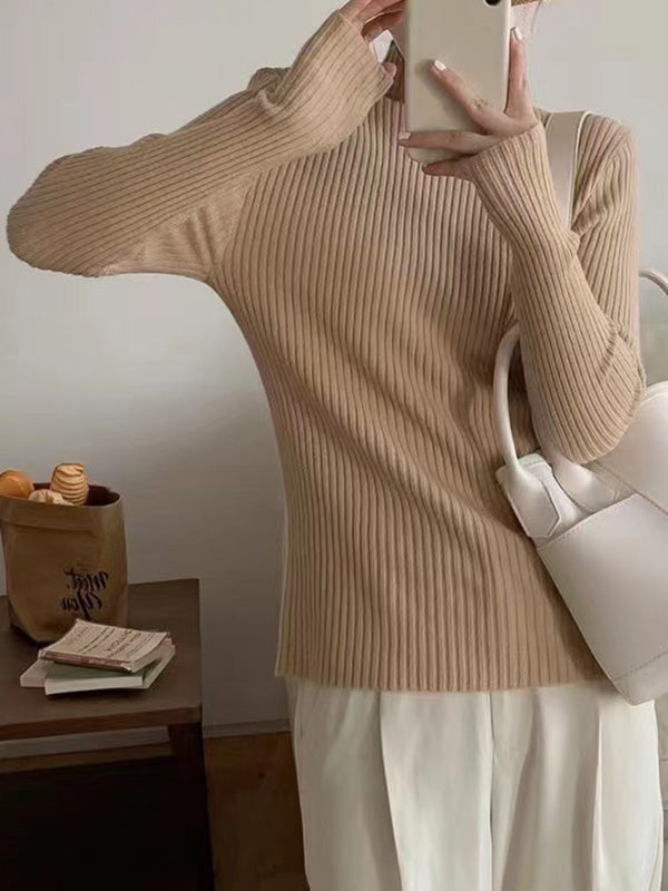 Long Sleeves Skinny Solid Color Mock Neck Knitwear Pullovers Sweater Tops