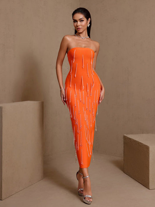 Isadora Strapless Crystal Beading Bandage Midi Dress