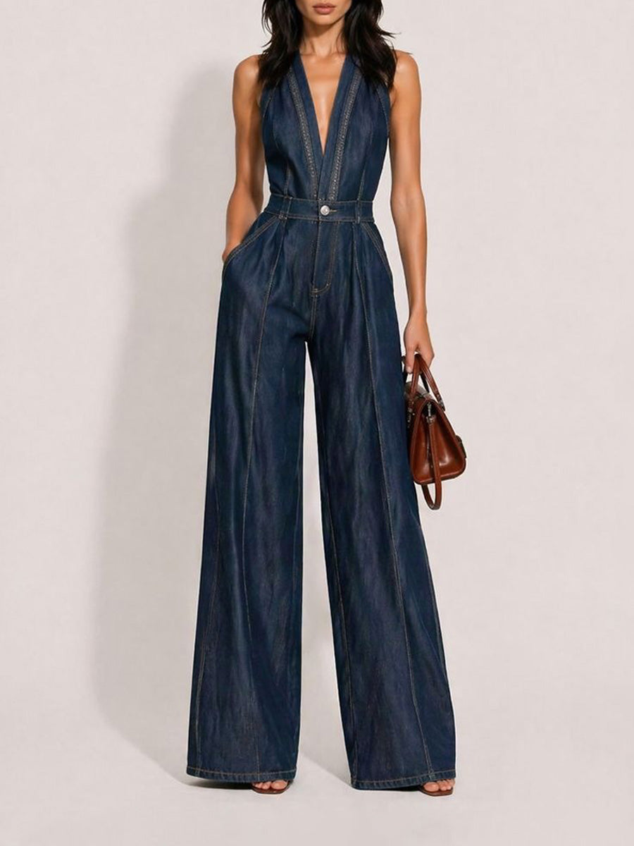 Clementine Casual Retro V-Neck Sleeveless Denim Jumpsuit