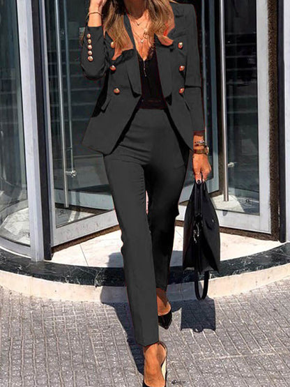 Urban Solid Color Notched Collar Long Sleeves Bracers+H-Line Pants Two Pieces Set
